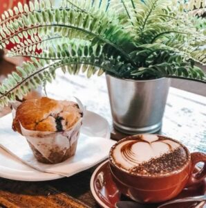 A cozy, modern café with a welcoming ambiance and delicious brunch options like avocado toast and specialty coffee.