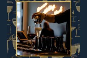 A cosy suburban cellar door with rustic wooden elements and warm lighting, offering a welcoming entrance.